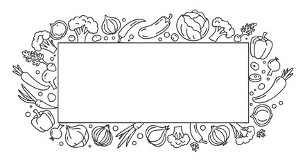 Hand drawn doodle vegetables frame. Fresh organic food border for menu or recipe design. Line art illustration with copy space.