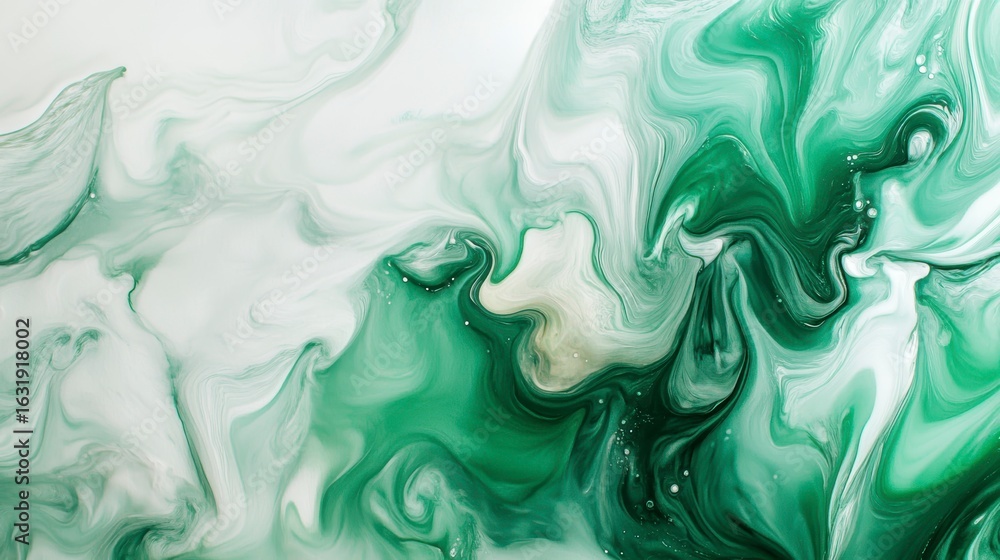 Wall mural abstract green and white fluid art painting with swirling marble texture.