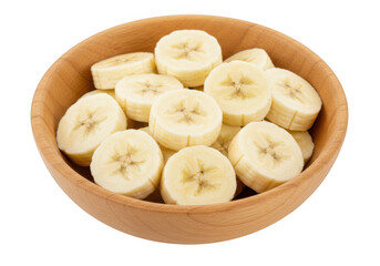 Banana slices in bowl, healthy fruit isolated on transparent background