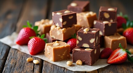 Delicious assortment of fudge and fresh strawberries on rustic wood