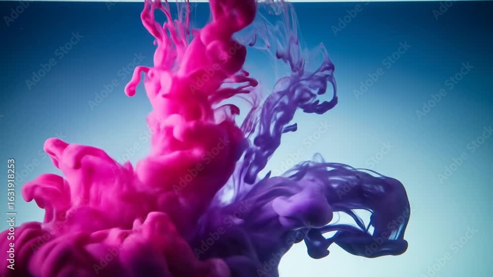 Poster abstract pink and purple ink swirls in water with blue background creating a dynamic and colorful vi