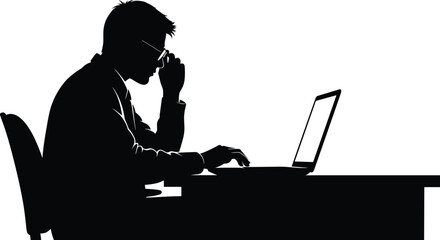 Silhouette of Man Working at Office Desk, Using Laptop, Business Professional Setup, Productivity Tools, Workspace Environment, Technology Illustration