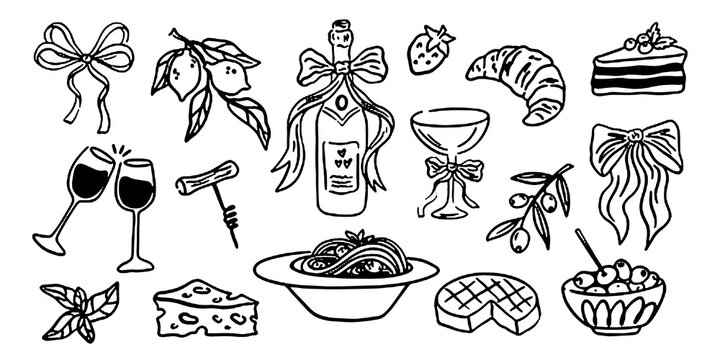 Hand drawn chalk food illustrations. Wedding or romantic dinner icons. Summer Italian picnic. Champagne, cheese, dessert drawings for wedding invitations, cafe, parties.