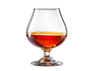 A crystal-clear brandy glass, filled with a rich, amber liquid, presents a refined moment of relaxation and enjoyment.