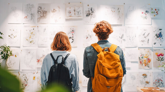 A young couple in casual attire stands before an empty wall, adorned with various pieces of art and creative sketches on paper, showcasing their artistic freedom