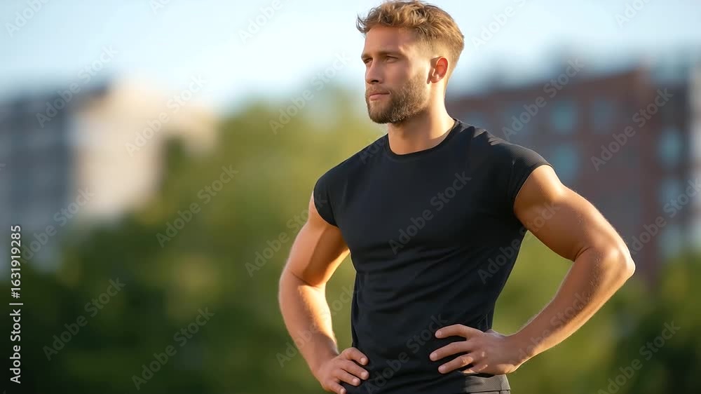 Poster Athlete engaging in dynamic torso twists as part of an outdoor warm-up routine.