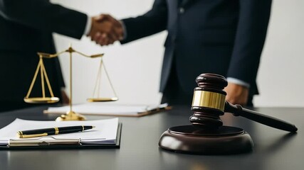 Male lawyer or advisor consulting and shaking hands with a client after a successful negotiation, with a gavel and scales on the wooden desk. - Powered by Adobe