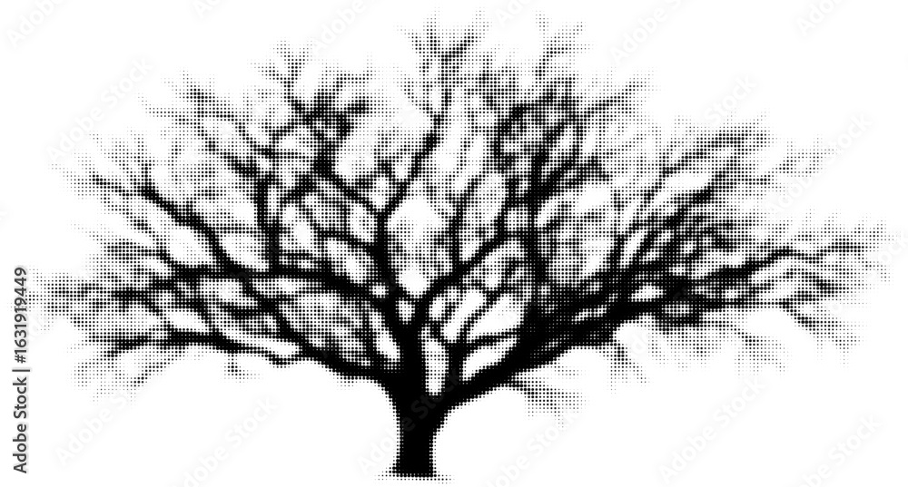 Poster silhouette of a tree with bare branches in black halftone pattern art