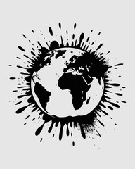 earth, globe, world, planet, illustration, black, white, map, continents, ink, splash, burst, explosion, graphic, lineart, sketch, monochrome, geography, global, international, environment, abstract, 