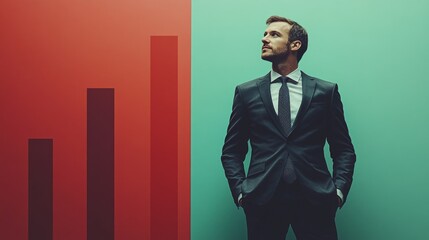 Man in business suit standing on background with growth graph. Businessman in suit, background with growth graph. In financial reports, presentations, articles about business and success.
