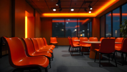 Orange interior with chairs in a cafe: Modern caf&eacute; interior bathed in a warm orange hue, featuring rows of sleek chairs and round tables, illuminated by stylish lighting.