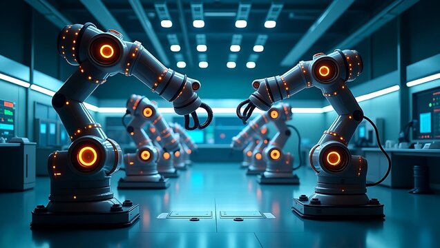 AI's presence is felt through precise automated movements of robots showcasing scientific advancement