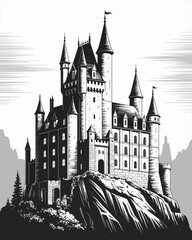 Fototapeta premium castle, fairytale, fortress, palace, illustration, black, white, fantasy, medieval, towers, turrets, architecture, drawing, sketch, lineart, historic, vintage, majestic, stronghold, cliff, mountain, s
