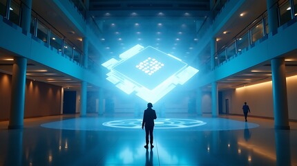 Impressive visual element of a slowly rotating hologram is reflected in the polished floor