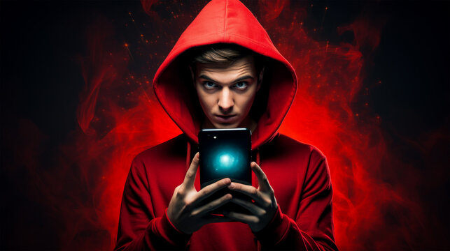 Cybercriminal silhouette with glowing hacker alert
