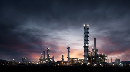 Obraz premium Illuminated oil refinery plant with multiple distillation towers at night