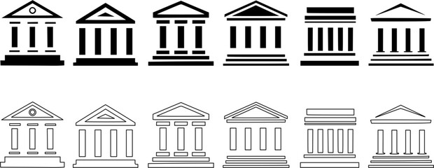 Black bank icon set. Government building, flat vector