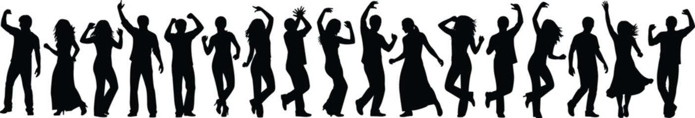 Silhouettes, dancing, diverse people, party, music, celebration, energetic, movement, joy, nightlife, event, fun, crowd, rhythm, dance, entertainment, festive, background, stock, image