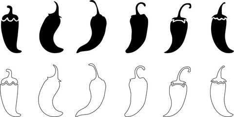 chili pepper icon set vector silhouette. Chili pepper vegetable icon, silhouette vector set for cooking meals. Spicy food elements, organic ingredients, healthy vegan illustration.