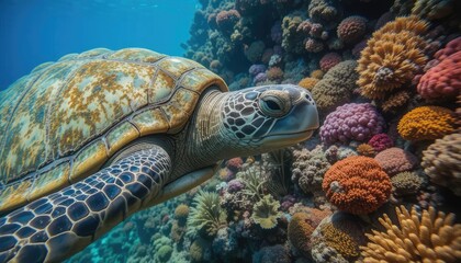 Fototapeta premium Green sea turtle gracefully glides through vibrant Red Sea coral reefs, teeming with diverse marine life