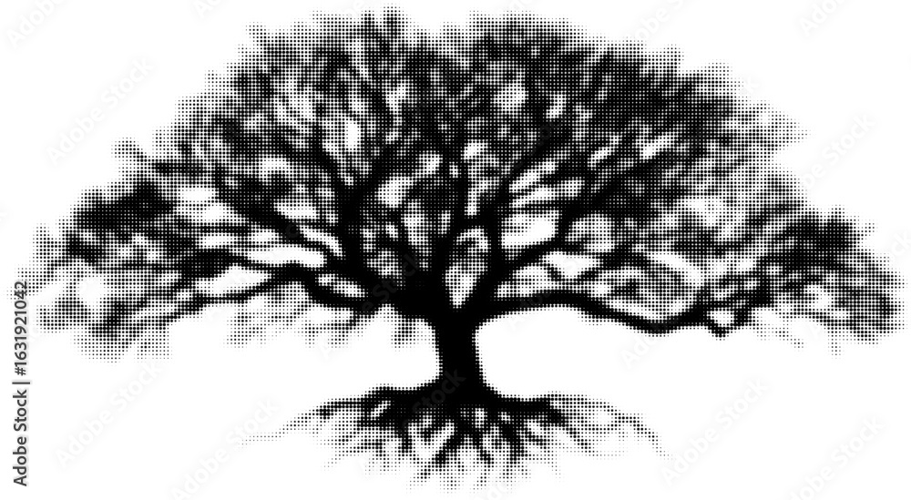 Poster silhouette of a tree with intricate branches and roots in halftone style