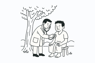 A Doctor Examines a Patient Outdoors Next to a Tree in a Minimalist Black and White Drawing
