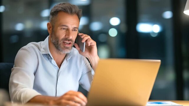 Efficient businessman juggling multiple tasks at a contemporary office workspace.