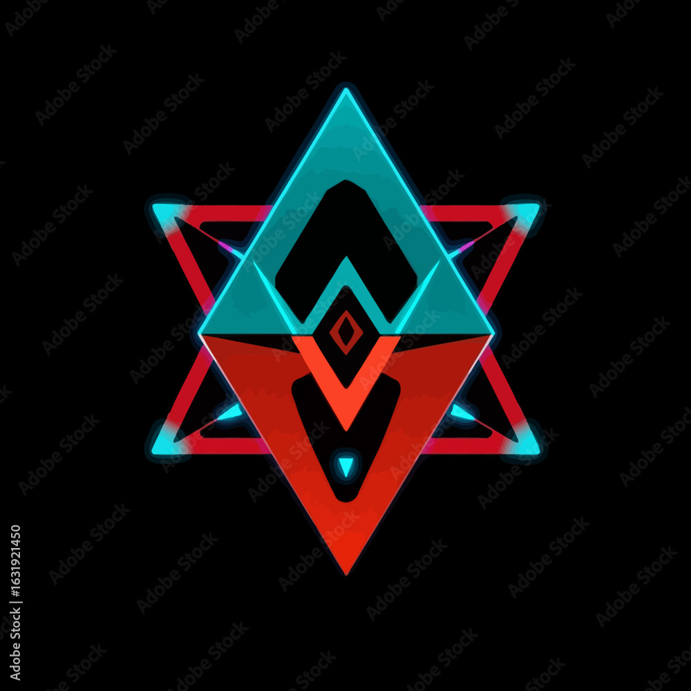 Poster abstract digital artwork featuring a geometric design with overlapping triangles in blue and red aga