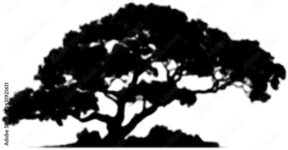 Poster silhouette of a large sprawling oak tree with branching canopy