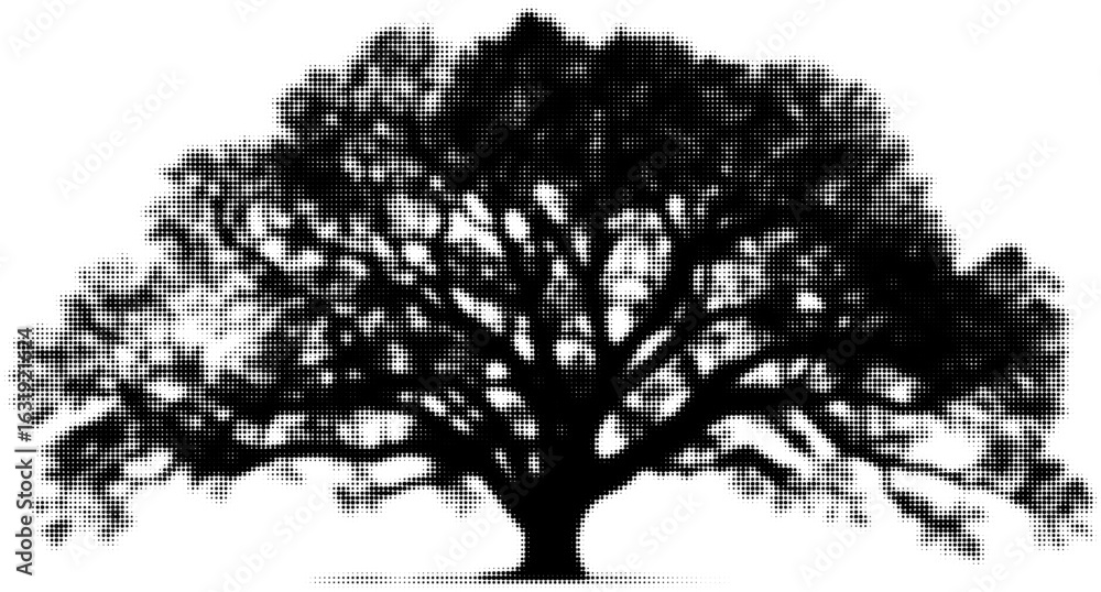 Poster silhouette of a large oak tree with halftone effect in black and white design