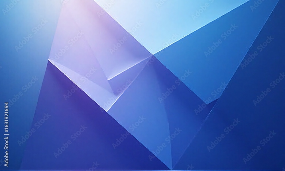 Poster abstract composition featuring interlocking geometric planes in various shades of blue, with soft li