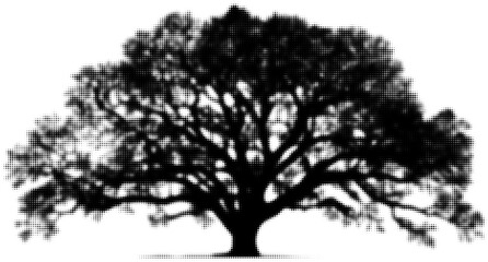 Silhouette of a large oak tree with halftone effect in black and white design