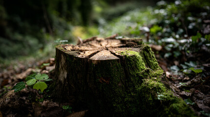 Fototapeta premium Mossy tree stump in a leafy forest setting with visible cut marks on its top surface