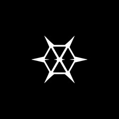 Obraz premium Abstract white geometric starburst design on black background. A symmetrical, sharp-edged emblem.