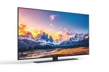 Modern flat screen television displaying vibrant mountain landscape