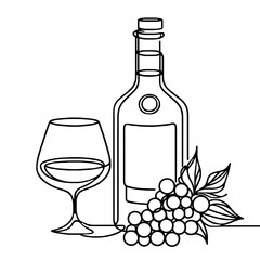 Bottle of cognac with cognac glass and a bunch of grapes outline drawing, vector, black line drawing, minimalistic, single line, simple line, isolated, transparent background 