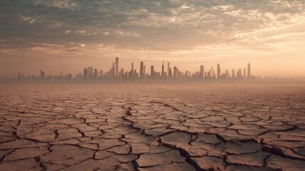 Dried Landscape Reveals Cracked Earth Beneath a Skyline at Sunset With Dramatic Clouds in the Background