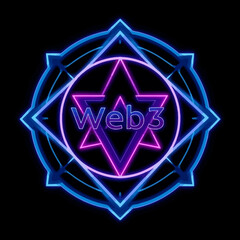 Neon-lit, stylized logo design featuring Web3 branding, intricate geometric patterns.