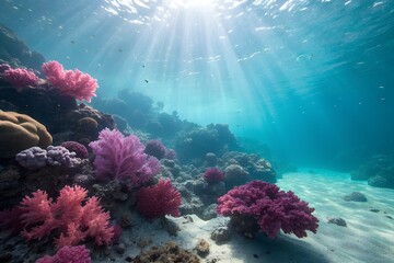 Fototapeta premium Sunlight streams through clear blue water onto a vibrant coral reef teeming with colorful marine life and diverse underwater flora