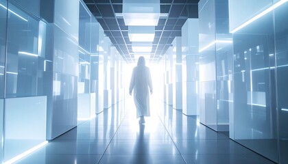 Fototapeta premium Person Walking Down Modern Illuminated Corridor
