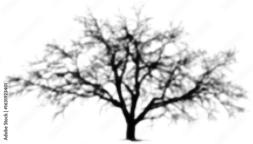 Poster silhouette of a bare tree with halftone pattern in black and white