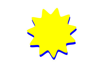 Bright yellow burst shape with blue shadow on white background
