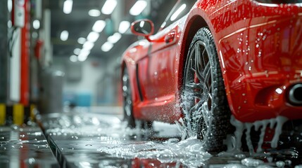 Red Sports Car Washing Dynamic Close Up