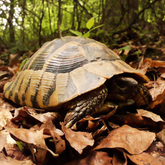 Camouflaged tortoise nestled amidst autumn leaf litter, embracing Earth Day vibes, eco-conscious tranquility, and contemplative forest stargazing