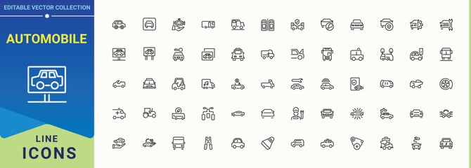Automobile line icon set. Car simple icon set. Minimalist linear icons. Pack of spare, service, engine, element, vehicle, auto and more. Vector illustration.