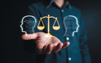 A businessman's hand holds a glowing scale of justice hologram, balancing the ethics of artificial intelligence against human intellect.