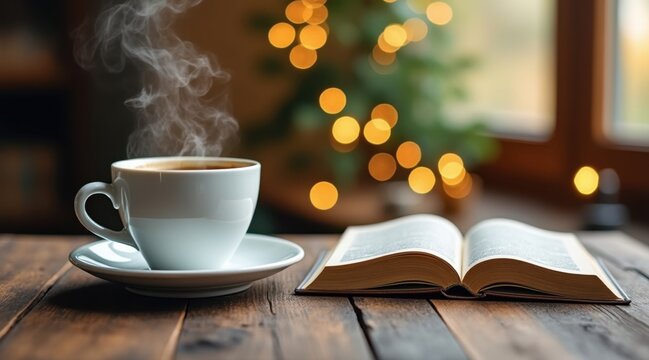 Cozy christmas morning with hot coffee and an open book