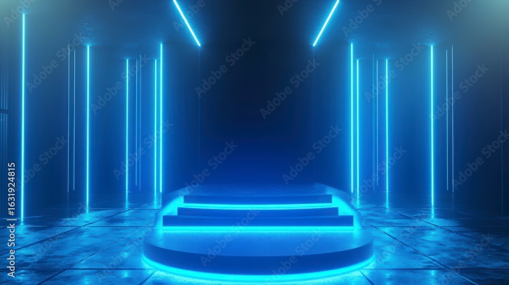 Canvas Prints futuristic blue neon light illuminating empty stage with steps.