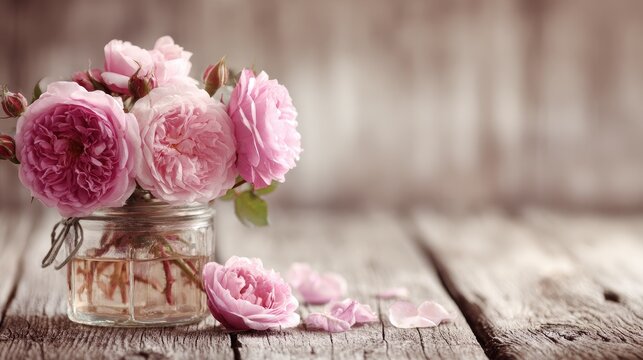 A bouquet of delicate pink roses in a glass jar on a rustic wooden table. - Powered by Adobe
