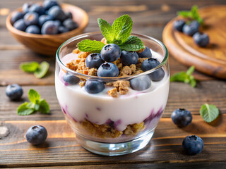 Healthy blueberry yogurt parfait with granola and fresh mint for a nutritious breakfast